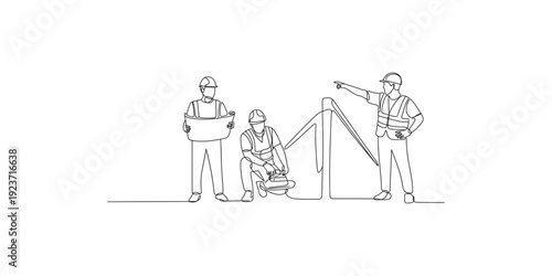 Line drawing illustration of three construction workers surveying a project site together