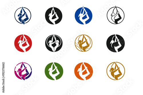 Acrobats. Icon set. Set Logo of Acrobats: aerial hoop acrobat. harmonious logo variations of the same emblematic concept, each with different