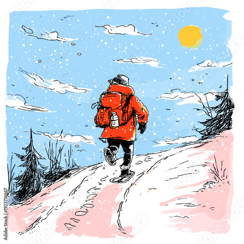 Snowshoe Hiker Trekking Through Fresh Powder