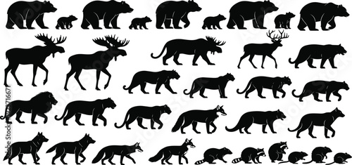 Black silhouettes of various wild animals, including bears, moose, deer, lions, wolves, foxes, raccoons, and rodents, isolated on white background.