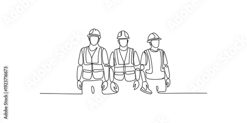 Continuous line drawing of three construction workers wearing safety vests and hard hats.