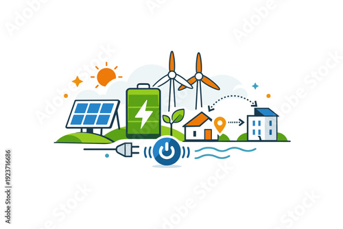 Solar and wind startups reimagining how clean energy is produced, stored, and shared. A friendly editorial illustration expressing progress,