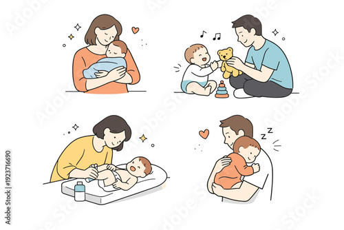Baby and parenting illustrations. Tender everyday moments between parents and babies, calm care and emotional warmth. Friendly editorial