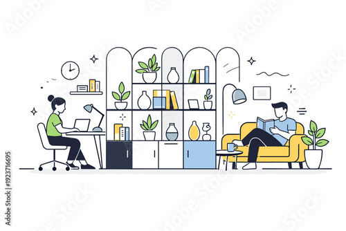 Interior zoning solution. A decorative room divider placed between work and relaxation areas, creating visual order. Scene conveys comfort,