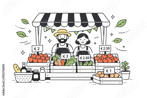 Farmers? markets and fresh produce. A friendly market stall with neatly arranged fruits and vegetables in crates. Calm community atmosphere with simple price