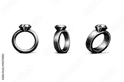 Ring-based jewelry logo symbol shown as one object presented in three views: front view, side view, and three-quarter view focusing on band