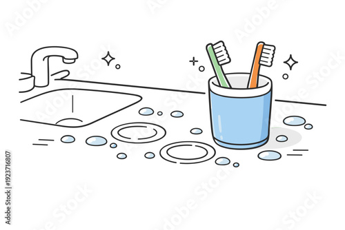 Water drops on sinks. Bathroom counter with water rings and droplets forming around a used toothbrush holder. Simple signs of recent presence