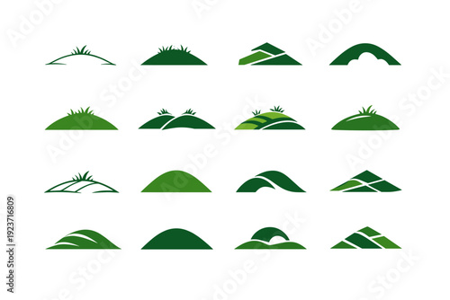 Mound. Icon set. Set Logo of Mound: grassy hill shape. harmonious logo variations of the same emblematic concept, each with different