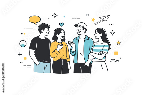 Group of friends together. A small group of friends standing close and chatting, sharing a relaxed moment of connection. Friendly everyday interaction with