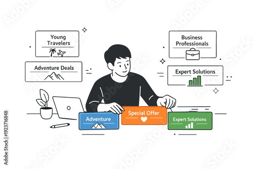 Tailored brand messaging. A marketer adjusting message cards to match a specific audience segment, calm and thoughtful interaction. Scene