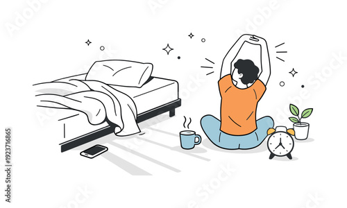 Person stretching in the morning next to a bed with a cup of coffee and an alarm clock