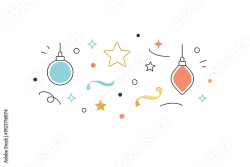 Minimal holiday decorations. Abstract festive elements like stars, ribbons, ornaments, and dots floating lightly. Soft celebratory mood with restrained modern