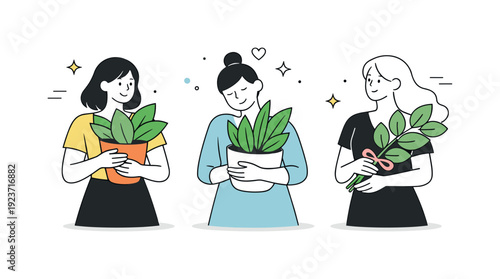 Three women holding plants and flowers, celebrating nature and growth