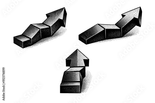 Business growth arrow ? segmented arrow module. A single segmented arrow module composed of connected geometric sections shown in three views