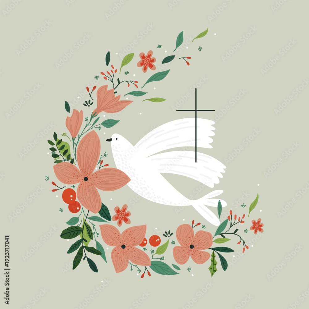 Fototapeta premium Vector drawing, Christian cross with flowers. Religious symbol, Easter holiday. Coloring book