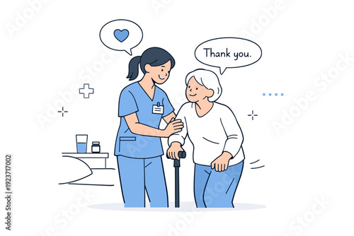 Patient care and support. A nurse gently assisting a patient with friendly gestures and minimal dialogue bubbles. Editorial moment