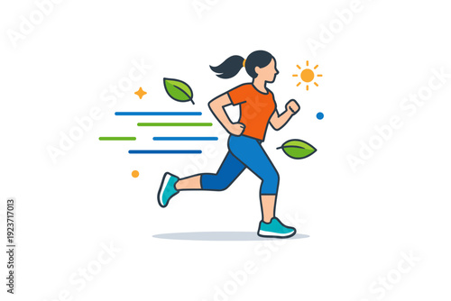 Spring fitness simple jogging concept with dynamic motion lines and spring leaves, expressing active lifestyle, freshness, and positive