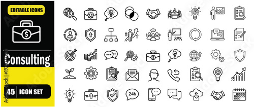 Consulting Outline Icons Set – Editable Stroke Linear Business Consulting Icon Collection for Strategy, Management, Finance, Marketing and Corporate Advisory Vector Illustration