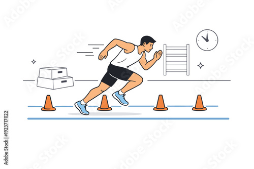 Sprint technique indoor session. A runner working on posture and foot placement using cones and lane guides in a minimalist gym space. Technical focus, body