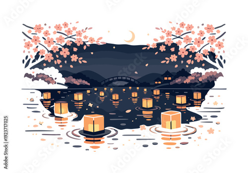 Night scene with cherry blossoms and floating lanterns on water under a crescent moon