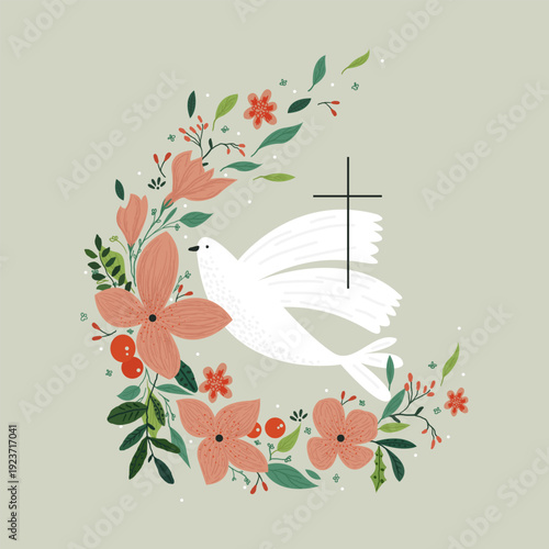 Vector drawing, Christian cross with flowers. Religious symbol, Easter holiday. Coloring book