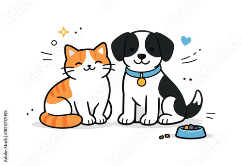 Cute cartoon cat and dog friends sitting together with a food bowl nearby
