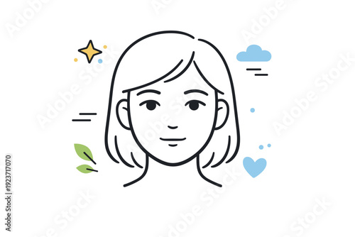 Mouths relaxed neutral. Close-up of a simplified face with a calm, naturally closed mouth, eyes soft or gently focused. Quiet expression conveying ease and