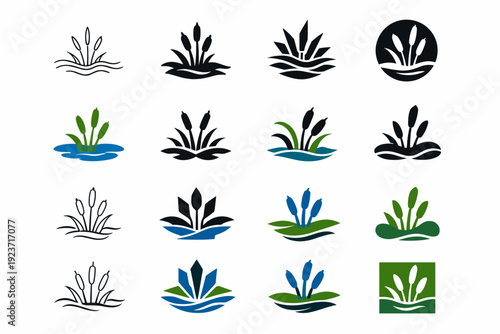 Wetlands. Icon set. Set Logo of Wetlands: marsh reeds and water. harmonious logo variations of the same emblematic concept, each with different artistic