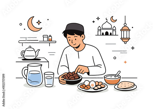 Young Muslim man enjoying a traditional meal with dates, eggs, and flatbread during Ramadan