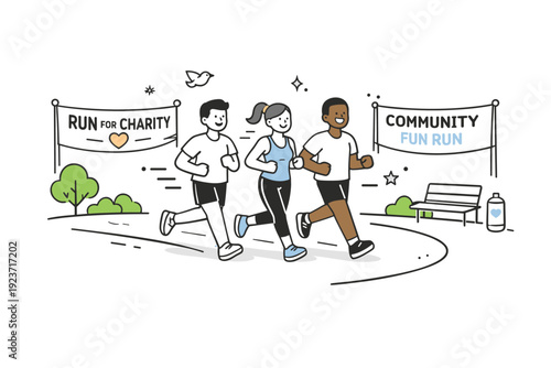 Running together for a good cause. Friends jogging through a simplified park path with banners suggesting a community event. The illustration
