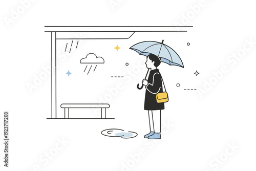 Waiting under shelter. A person standing still with an umbrella, suggesting a pause during weather. Quiet patience and gentle protection