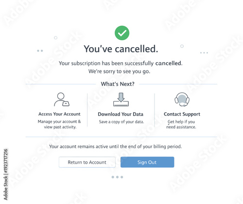 Subscription successfully cancelled confirmation page with options to download data or contact support