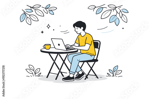 Garden Laptop Retreat. Laptop work in shaded gardens. A person sits at a small outdoor table under tree shade, working on a laptop with leaves gently framing