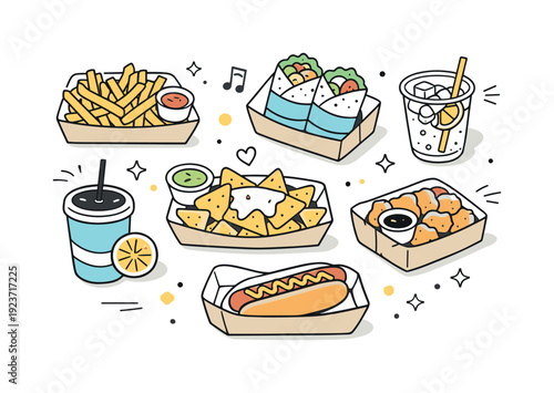 Assortment of delicious fast food items and drinks in a fun doodle art style