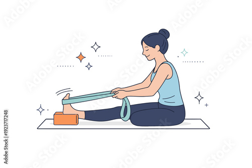 Yoga with props. A person uses a yoga block and strap to assist with stretching, subtle abstract stars and motion lines highlighting support,