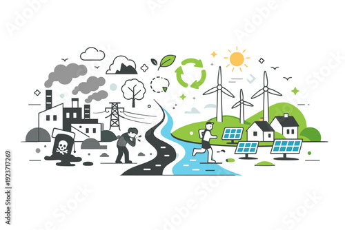 Environmental inequality. Two contrasting neighborhoods connected by a single landscape, with clean energy icons gradually