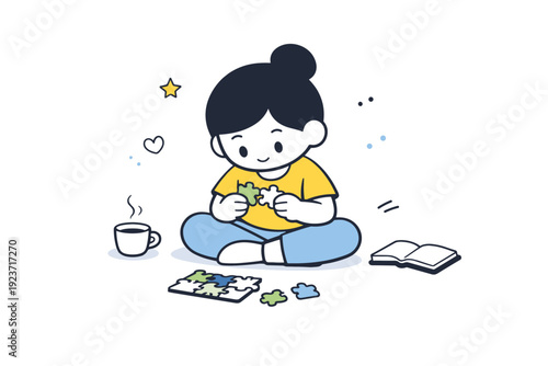 Cute characters. A character sitting and focusing on a small task or activity. Quiet concentration, simplicity, and cozy everyday mood. Minimalist flat vector