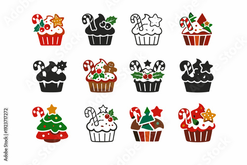 Festive Icon Set. Celebrating seasonal holidays with themed decorations and food. Icon set. Set Logo of Celebrating seasonal holidays with themed decorations