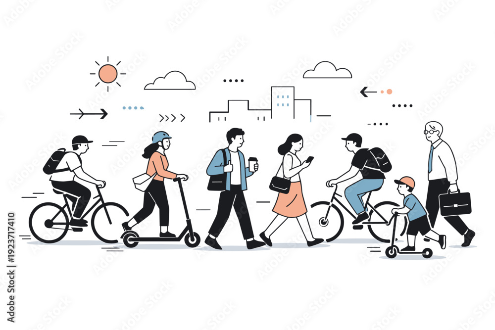 Obraz premium Stylized urban commute. Friendly editorial illustration showing smooth rhythm of people moving across city streets. Minimal abstract scene