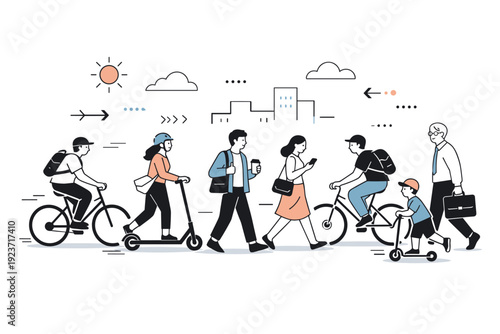 Stylized urban commute. Friendly editorial illustration showing smooth rhythm of people moving across city streets. Minimal abstract scene