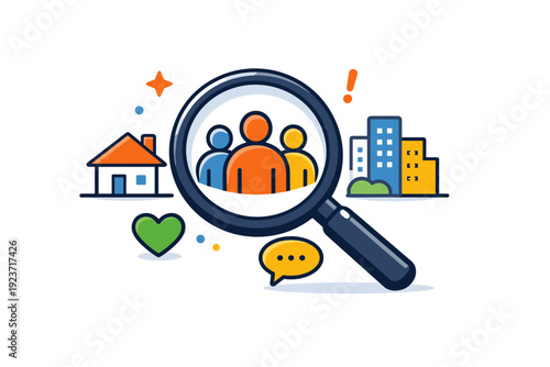 Investigative Insight Icon. Reporting on social issues investigative journalism moment with a magnifying glass over simple community symbols, communicating