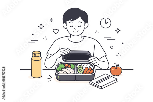 Daily lunch routine. A person opening a lunch box with neatly arranged food, enjoying a mindful moment. The mood feels organized and relaxed.