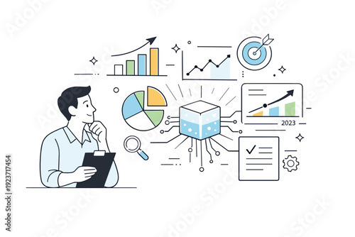 AI-driven insights. A calm analyst looks at clean charts and predictions emerging from an abstract AI core. The illustration conveys clarity,