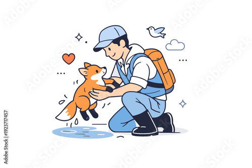 Saving animals. A rescuer gently lifting a stranded animal, with supportive gestures and reassuring body language. Moment of trust and care