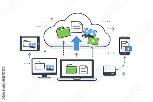 Cloud data storage. Files and folders smoothly moving into a cloud icon from multiple devices, representing backup and accessibility. Clear