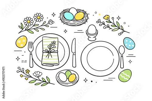 Spring Easter Flat Lay. Spring Easter lunch flat lay. Plates, napkins, eggs, and wildflowers arranged harmoniously. Calm festive feeling inspired by