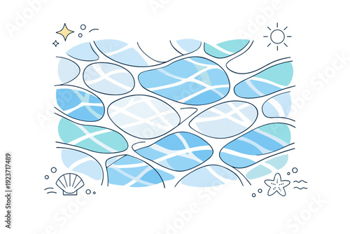 Water caustics textures. Abstract editorial scene with soft light patterns refracting through water, calm flowing shapes creating a serene