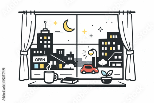 Film-like grain aesthetics. Evening city scene viewed through a window, faint grain adding depth and softness. Cinematic urban calm with