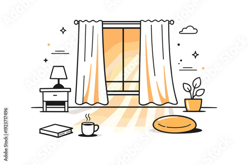 Light through curtains. End-of-day scene with warm light fading through curtains, creating long soft shadows in a minimal room. The mood