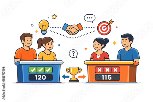 TV game shows focused on teamwork and competitive collaboration between players. A compact editorial scene with paired contestants, connected icons and score